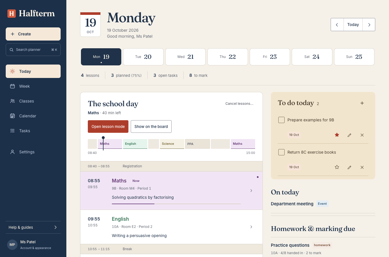 Today screen in the working planner, with an invented example timetable and pupil names.